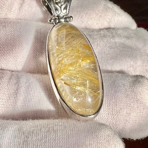 Vintage Rutilated Quartz Pendant, 925 Silver Necklace, Unisex Healing Jewelry - Picture 6 of 11